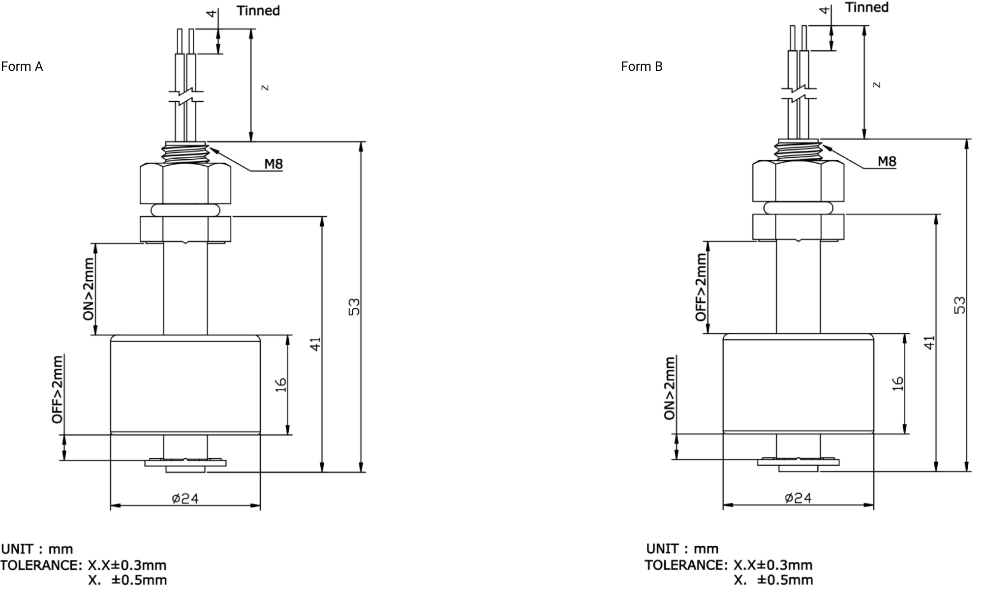 Disegno tecnico sensori di livello montaggio verticale PP MLS-103 A_B