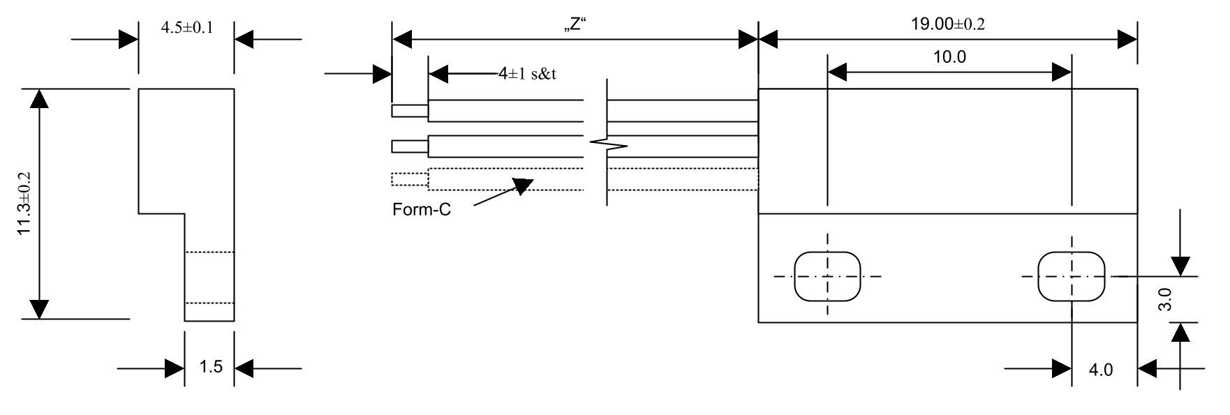 Disegno tecnico sensore Reed in custodia piatta MMS-110